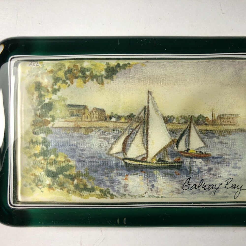 Vintage Galway Bay Ireland Souvenir Glass Paperweight with Sail Boats